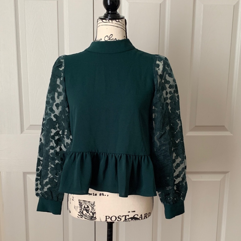 ZARA Green Sheer Sleeve Peplum Blouse